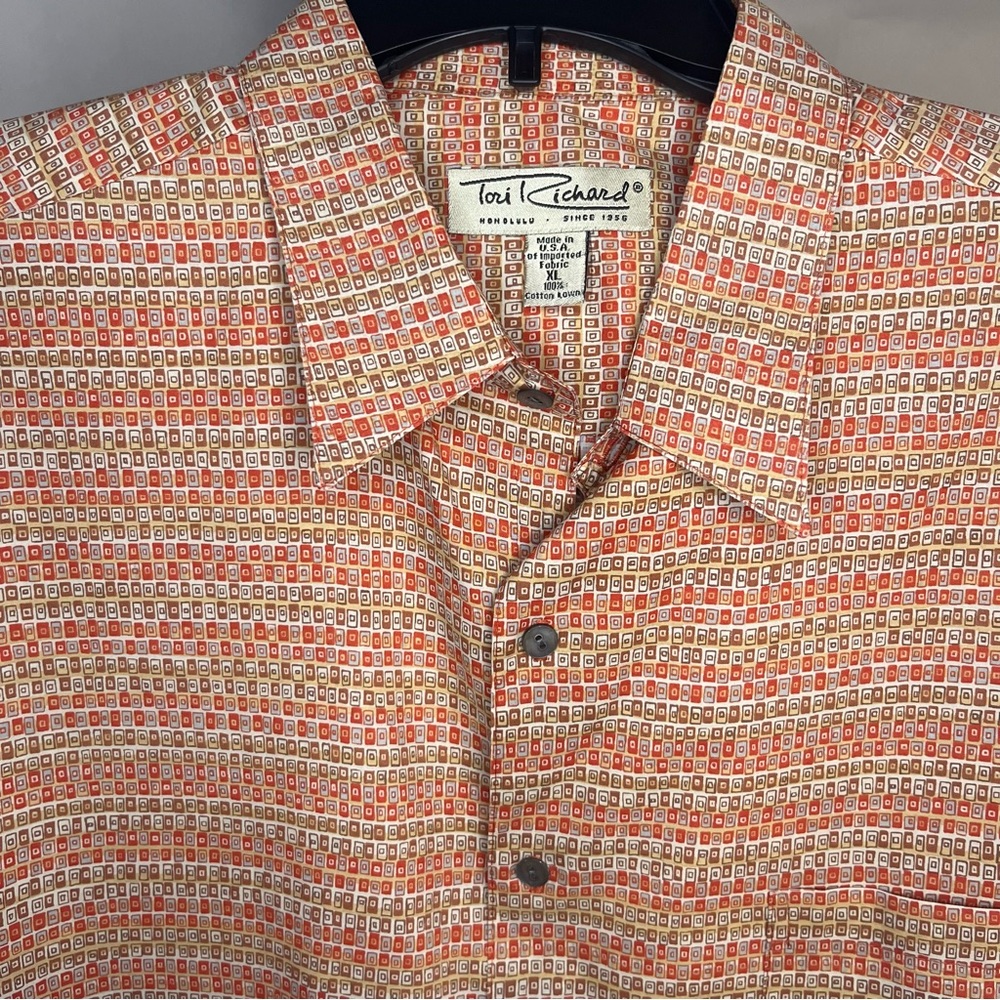 Tori Richard Men’s Vintage Button Up Aloha Shirt with Small Square Print Size XL